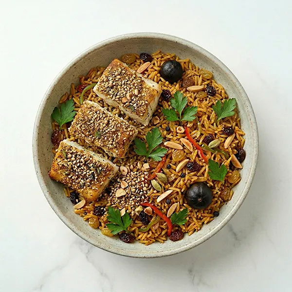 Egyptian Dukkah Spiced Fish with Kapsa Rice